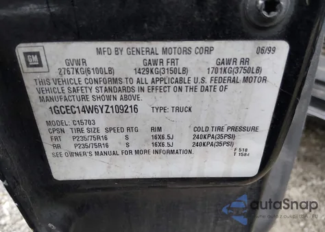 2000 Chevrolet Silverado 1500 из США, поврежденный, VIN 1GCEC14W6YZ109216